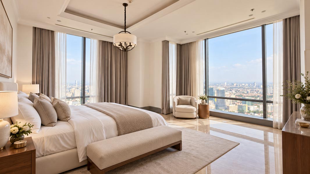 Kamar tidur utama luas di Raffles Residences