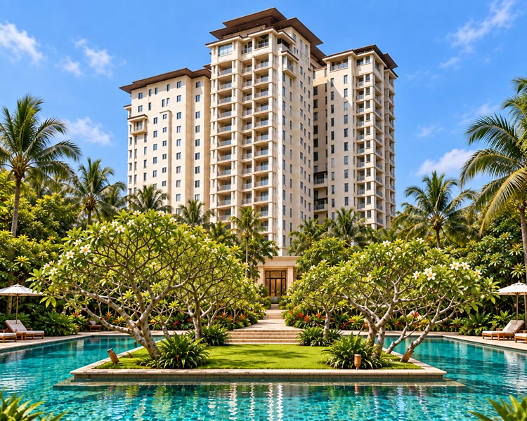 Gedung apartemen Essence Dharmawangsa dan area kolam renang